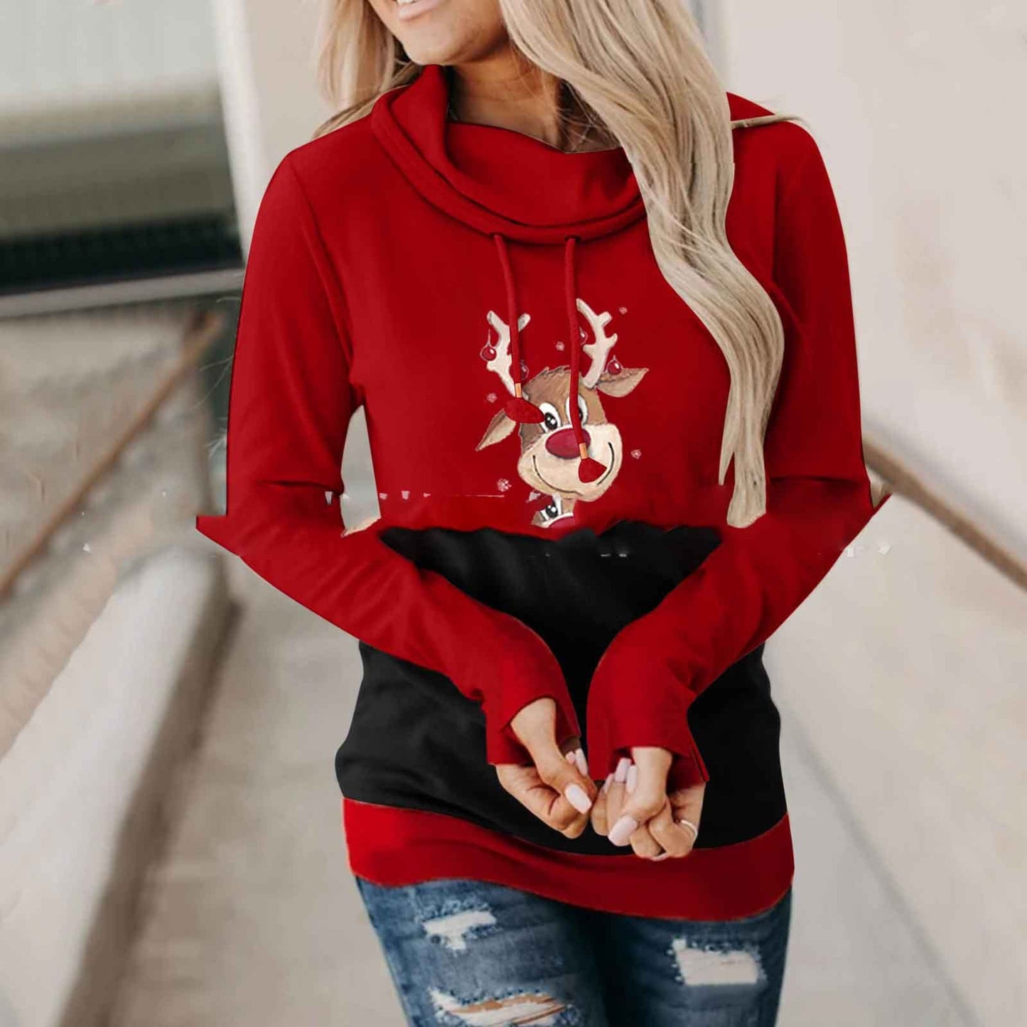 Christmas Stitching Long-sleeved Hooded Sweatshirt