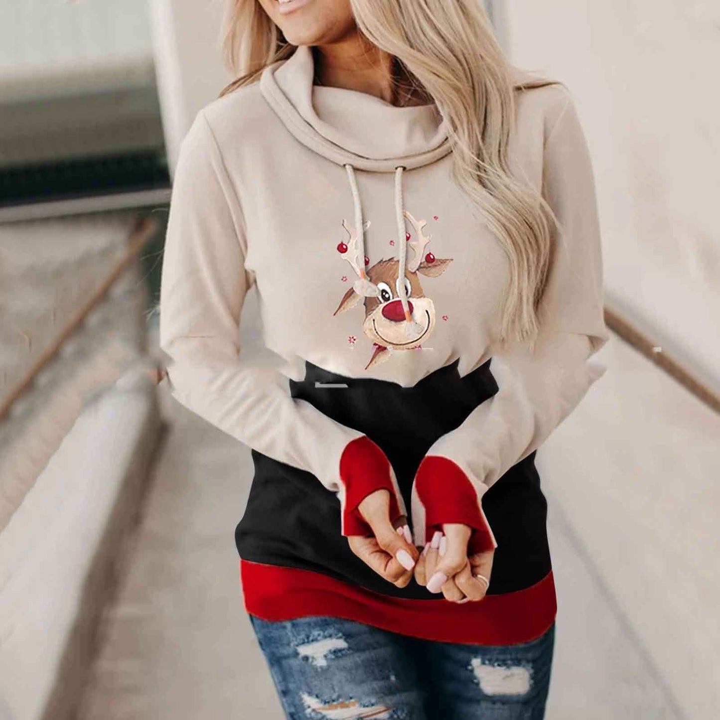 Christmas Stitching Long-sleeved Hooded Sweatshirt