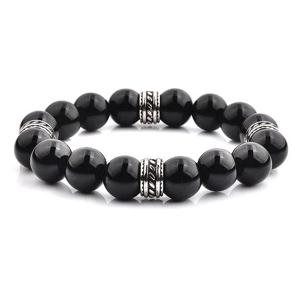 CRUCIBLE STAINLESS STEEL POLISHED ONYX TRIBAL BEADED STRETCH BRACELET