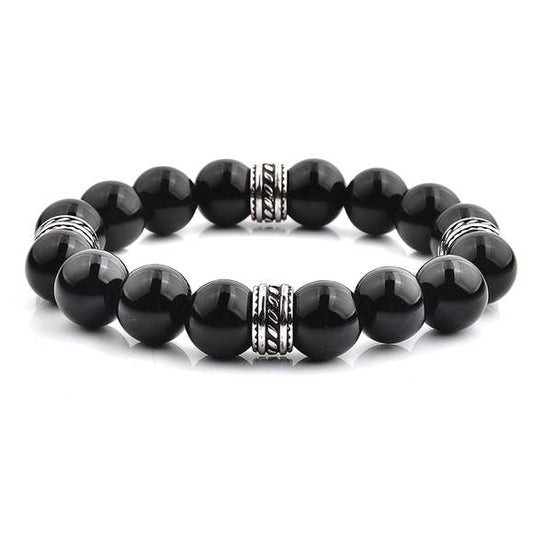 CRUCIBLE STAINLESS STEEL POLISHED ONYX TRIBAL BEADED STRETCH BRACELET