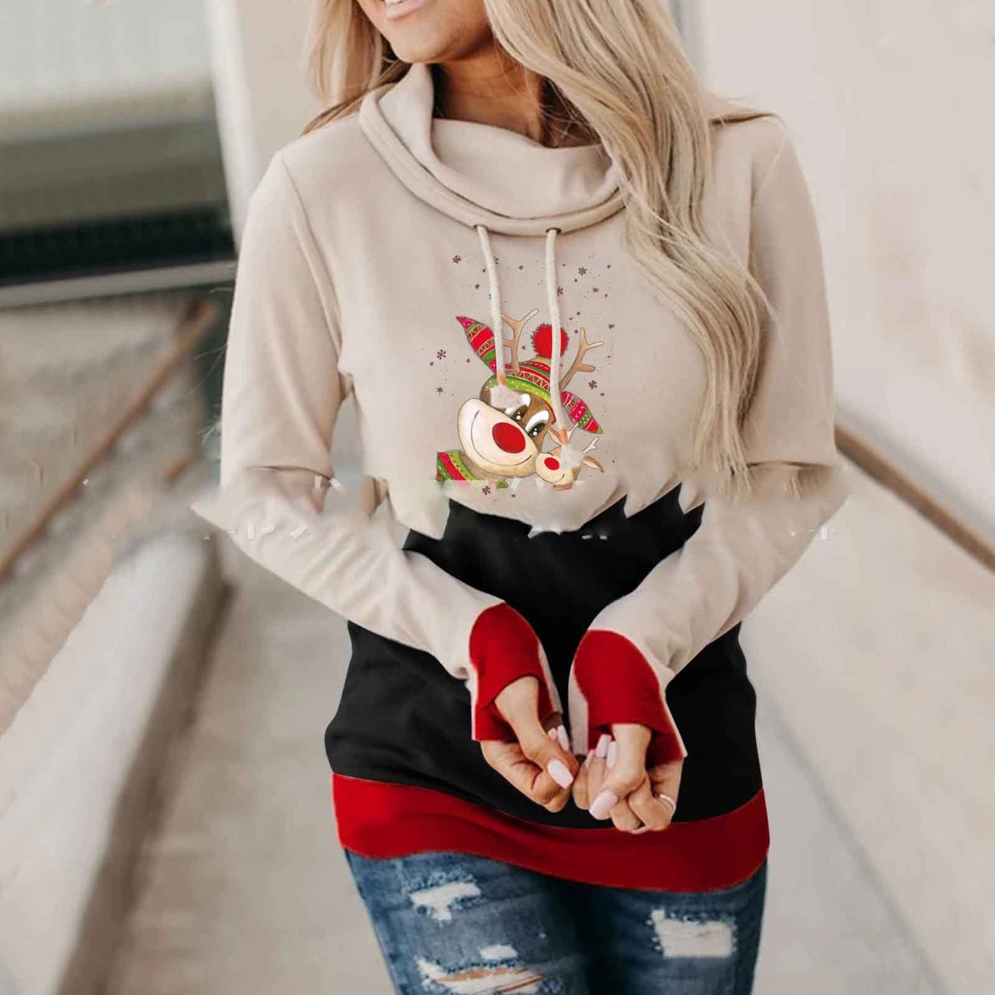 Christmas Stitching Long-sleeved Hooded Sweatshirt