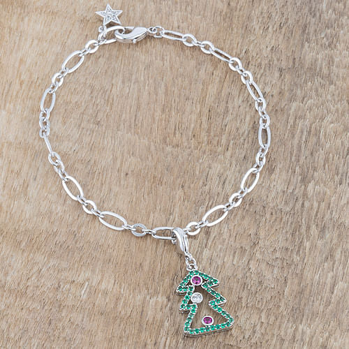 Christmas Tree 0.35ct CZ Rhodium Holiday Charm Bracelet