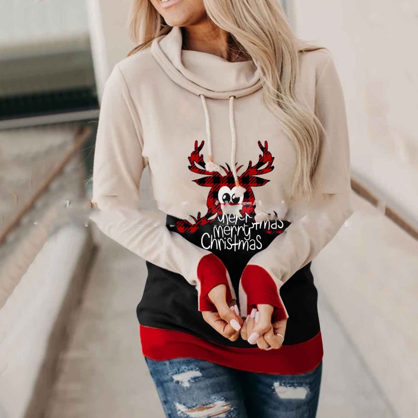 Christmas Stitching Long-sleeved Hooded Sweatshirt