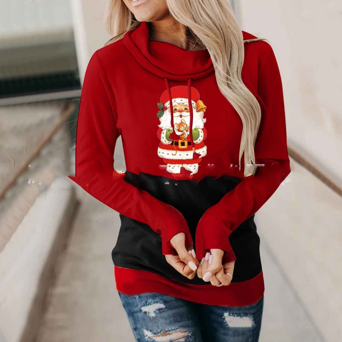 Christmas Stitching Long-sleeved Hooded Sweatshirt